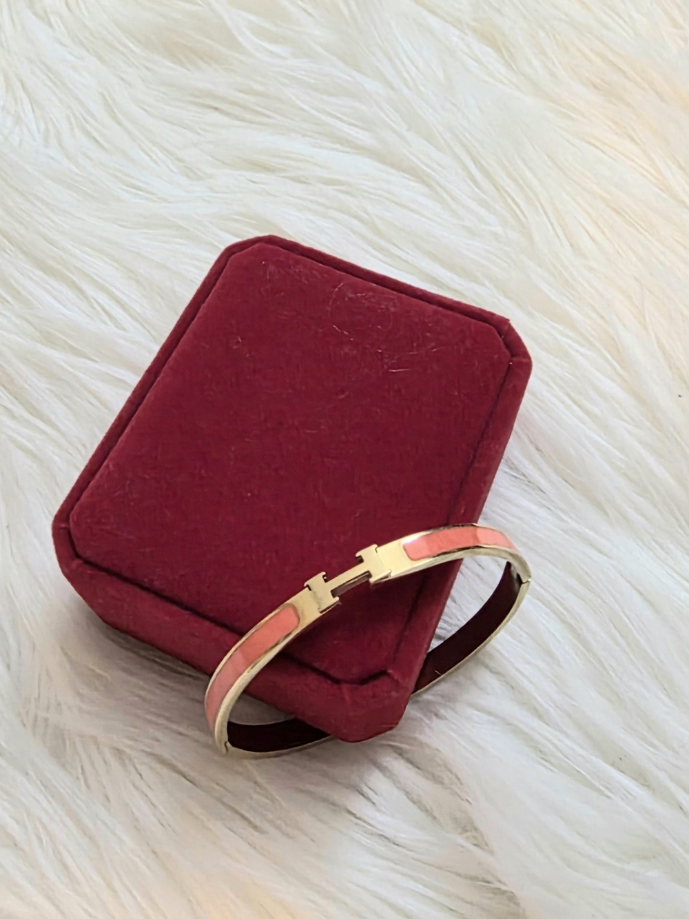 Gold Bangle Bracelet with Coral Enamel Inlay